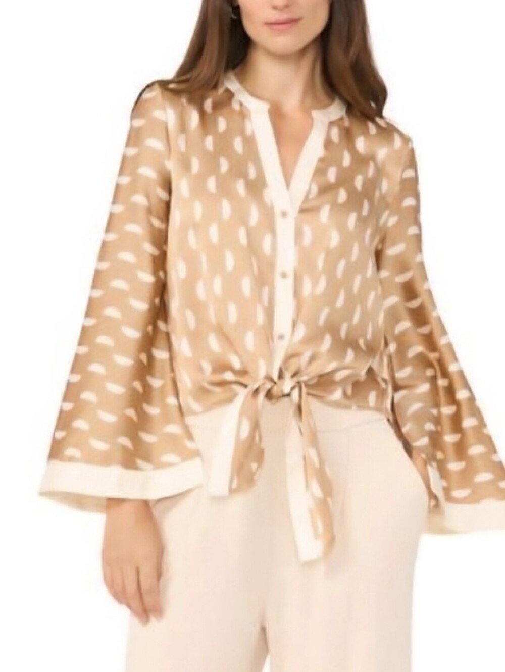 Halogen Tan and White Bell Sleeve Front Button-up Blouse Size M